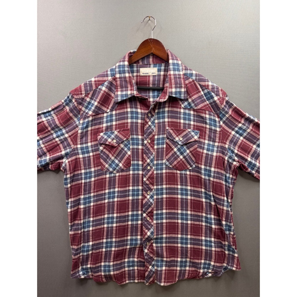 Wrangler Wrancher‎ Western Shirt Mens Burgundy Blue Plaid Snap Short Sleeve XXL